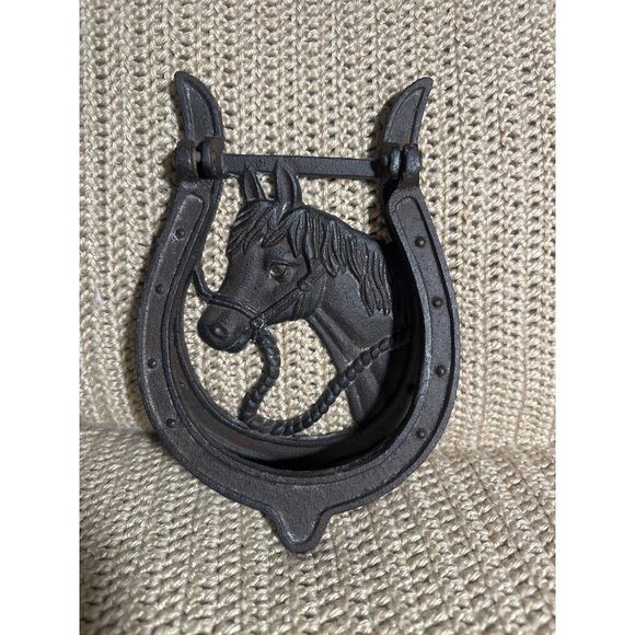 Cast Iron Horse Head Door Knocker Rustic Horseshoe Design Western Decor - Picture 1 of 5